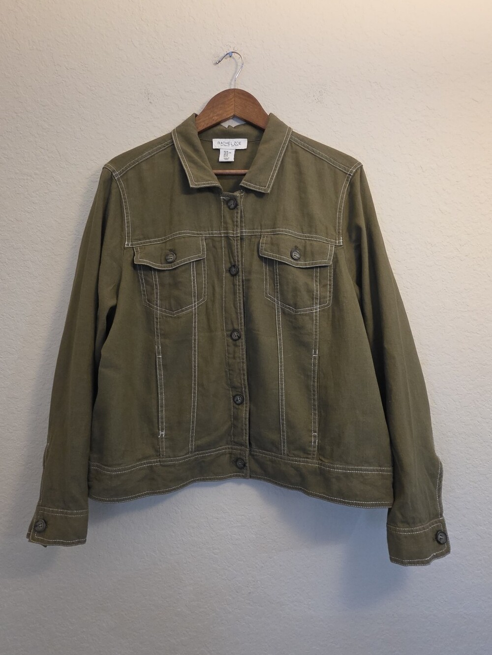 Rachel Zoe Linen Blend Trucker Jacket Women XL Olive Green Button Up Flap Pocket